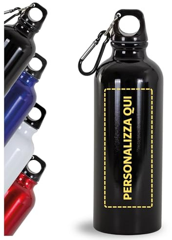 Borraccia Personalizzata con Nome, Immagine, Logo o Testo - Bottiglia Personalizzata 500 ml in Alluminio per Scuola, Ufficio o Palestra - Gadget Aziendali Personalizzabili (Nero)