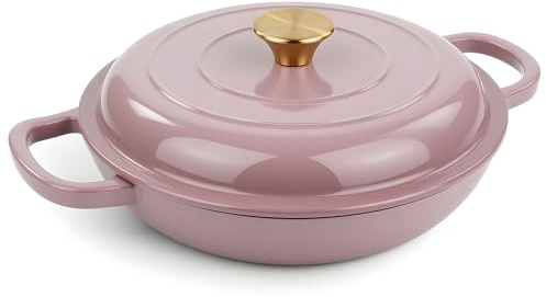 3 Quart Enameled Cast Iron Braiser, Non Stick Enameled Cast Iron Skillet with Lid, Dutch Oven Skillet with lid up to 500°F for Oven, Stove, Grill, Shallow Dutch Oven for Cook, Bake (Pink)