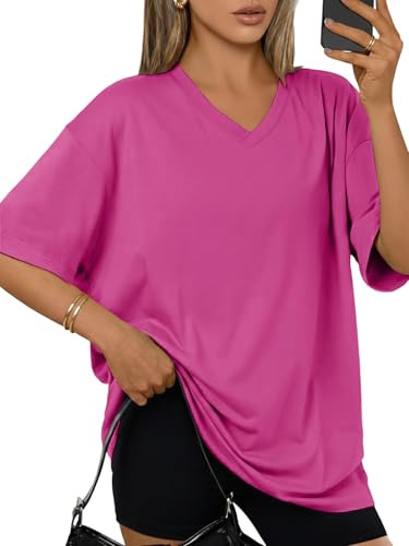 Cuptacc Tee Shirt Femme Col V Été T Shirt Manches Courtes Chemise Femme Oversize Unie Tunique Ourlet Fendu Décontracté Haut