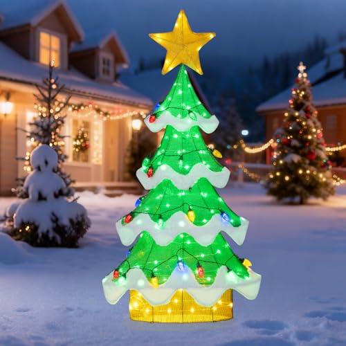SOARS Árbol de Navidad artificial luminoso, 130 cm, decoración navideña con 146 luces LED, 34 bolas de fresa, resistente a las impregnaciones, decoración navideña para interiores, casa, jardín