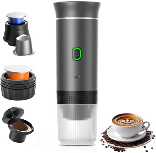 Aischens Macchina da caffè portatile per auto, macchina da caffè da viaggio con riscaldamento elettrico USB-C, compatibile con capsule NS e caffè macinato,80ml mini caffettiera per campeggio