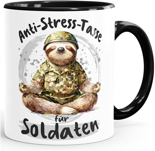 MoonWorks® Kaffee-Tasse Geschenk Soldaten Anti Stress Bürotasse Faultier Lustig Arbeit Job Keramikbecher Weiss-innen-schwarz standard
