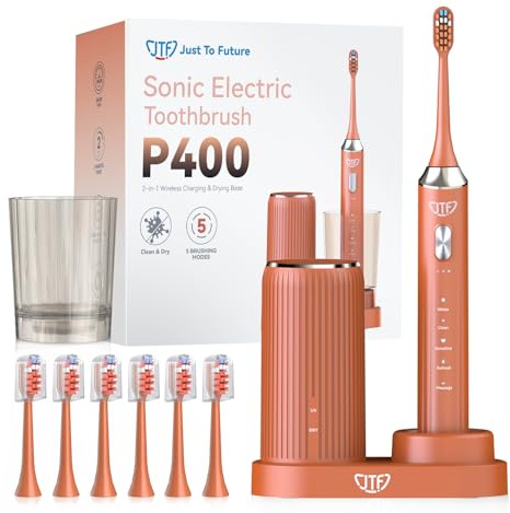 JTF 2026 NEW Sonic Electric Toothbrush with UV Cleaning & Drying | Wireless Charging Base, 5 Cleaning Modes, 6 Replacement Brush Heads, IPX7 Waterproof, 60 Days Battery, Mouthwash Cup, Orange