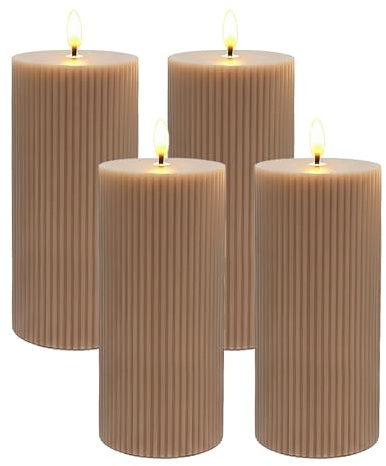 Relaxdays LED Kerzen, 4er Set, HxD: 18 x 7,5 cm, flackernde Flamme, Echtwachs, Rillen, flammenlose Blockkerzen, Farbwahl