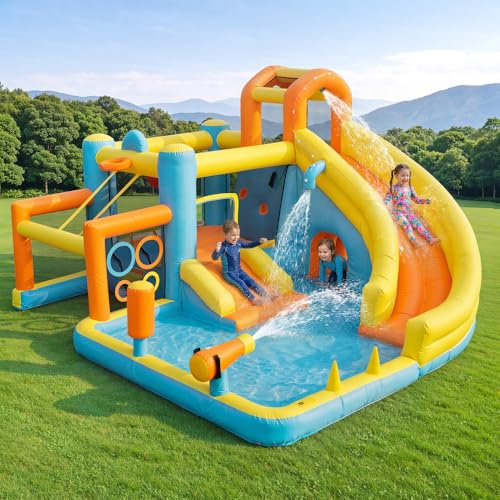 NuvlaGu Hüpfburg Wasserpark mit Wasserrutsche & Pool, Aufblasbare Wasserspielburg für Outdoor Garten, Wasserspielplatz mit Gebläse, großes aufblasbares Spielzeug für Kinder, 405x416x218cm