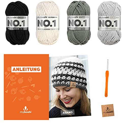 myboshi Häkelset Mütze Agano, inkl. No.1 Wolle, Nadel und Anleitung, für Mützen und Schals, Häkelpaket, 30% Merinowolle Schwarz, Weiß mit Häkelnadel