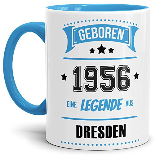 Tassendruck Geburtstags-Tasse Geboren 1956 Eine Legende aus Dresden Innen & Henkel Hellblau/Geschenk/mit Spruch/Mug/Cup/Becher/Qualität Made in Germany