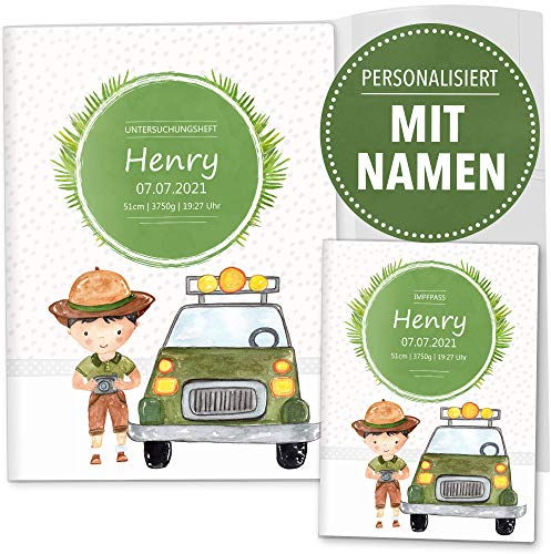 OLGS Hülle für U-Heft + Impfpass 3-teiliges Set Safari Tour Tier | Untersuchungshefthülle & Impfpasshülle mit Namen und Geburtsdatum (Impfpass, Uhefthüllen personalisiert, Auto)