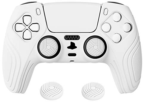 eXtremeRate PlayVital Hülle für ps5 Controller,Case Hülle Anti-Rutsche Schutzhülle Griffe Silikonhülle,2 Stück weiße Stick Aufsätze für ps5 Controller(Samurai Edition,Weiß)