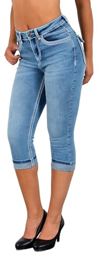 ESRA Damen Capri Jeans Hose Damen Caprihose 3/4 Jeans-Hose kurz bis Übergröße C15