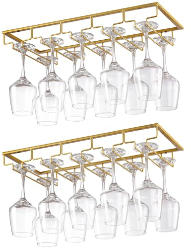 YunNasi 2 Piezas 5 Filas Soportes para Copas de Vino de Metal Organizador Mantener los Vasos Secos Debajo del Gabinete con Tornillos para Bar Restaurante Cocina, Dorado