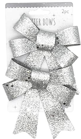 2PCS Luxury Christmas Bows, Glittered Bows for Christmas Tree Decor, Small Size Bows for Xmas and New Year Parties Ornament Size-12cm (Silver Xmas Glitter Bows)