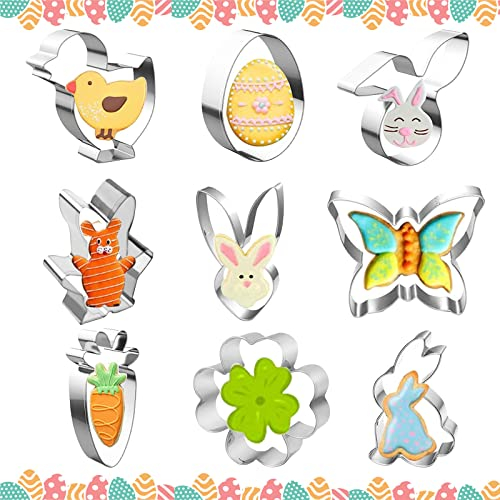 9 Stück Ostern Ausstecher, Plätzchenformen Set, Hasen Cookie Cutters, Druckform Edelstahl Backform, Plätzchen Ausstecher Kinder zum Backen von Kekse Kuchen, Zubehör für die Frühlingsparty
