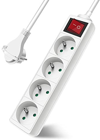 Extrastar Multiprise 4 Prises avec Interrupteur Fiche Plate, Bloc 3 Prises, Rallonge 3m 230 V avec sécurité Enfant, Blanc