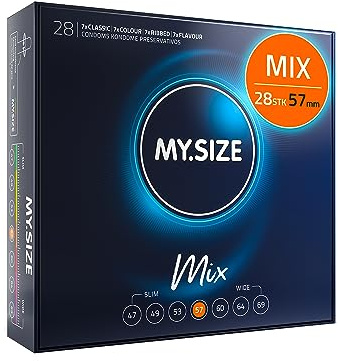 MY.SIZE Mix Premium Kondome Größe 4, 57 mm – 28 Stück | 4 Varianten: Classic, Genoppt, Blau & Rot | Großpackung
