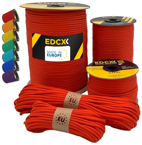 EdcX Paracord 550 4mm, 35+ Solid Colors (10m, 15m, 30m, 50m, 100m, 300m) | Light Red, 300 m – 100% Nylon Rope 4mm, Type III 7 strand | Survival, Camping, Bushcraft, Crafts | Made in EU