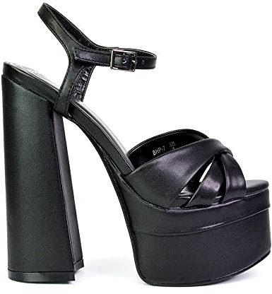 ESSEX GLAM Womens Platform Block High Heel Sandals Ladies Strappy Evening Party Shoes Size Black Synthetic Leather