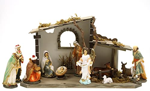ELLUG Holz Krippenstall, Holzkrippe, Weihnachtskrippe 45 * 18 * 25cm (MIT Krippenfiguren) Krippenstall aus Holz mit 11 Krippenfiguren H: 15cm