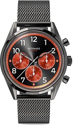 DeTomaso Heritage Chronograph Grau Orange Herren-Armbanduhr Analog Quarz Mesh Milanese Grau