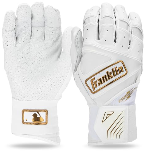 Franklin Sports MLB Batting Gloves - Infinite Powerstrap Baseball + Softball Batting Gloves - Durable Full Wrap Cage Practice Gear - Long Cuff Wrist + Heavy Duty Leather - Adult Small - White + Gold