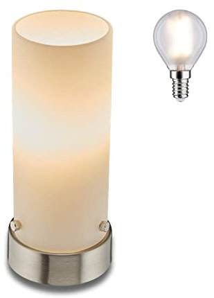 KHG Tischlampe Zylinderlampe, Lampenschirm aus Glas satiniert, Nachttischlampe mit hochwertigem Metallfuß, E14 Fassung mit Leuchtmittel, Lampe mit Kippschalter, Moderne Tischleuchte