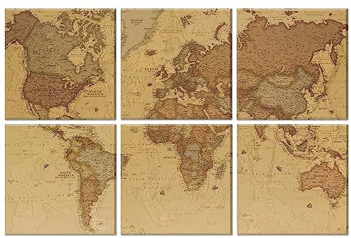 Lot de 6 grands panneaux acoustiques autocollants pour décoration murale, panneaux insonorisants pour studio d'enregistrement, salon, salle de bain, 183 x 122 cm (carte du monde ancienne)