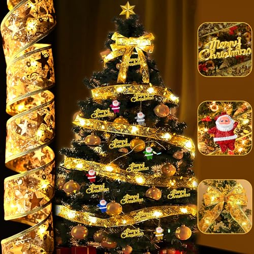 Maxee 10M 100LED Weihnachtsband Lichterketten Mit 16 Stück Weihnachtsschmuck, 2 Blitzmodi, LED Lichterkette Batterie, Goldene Band, Warmes Licht für Silvester, Weihnachtsdekoration, Partydekoration