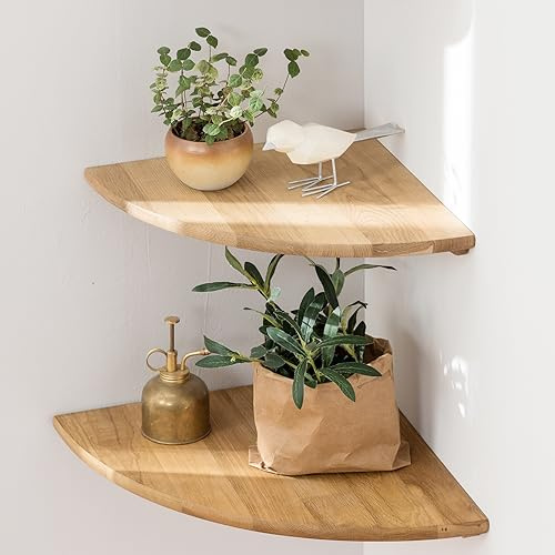 Conamily Corner Shelves, Floating Corner Shelf, Set of 2 10inch Solid Oak Wood Corner Wall Shelves, Round End Wall Mount Display Shelf with Wire Hole for Bedroom Kitchen, Living Room