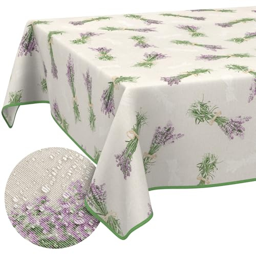 ANRO Tischdecke abwaschbar Lavendel Beige mit Saum 180x140 cm In-/Outdoor | mit Saum eingefasst – Tischwäsche aus beschichtetem Stoff – schmutz- & wasserabweisend, pflegeleicht – waschbar bei 30 °C