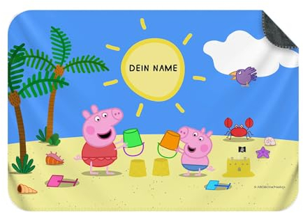 PICANOVA – Peppa Wutz Kuscheldecke mit Name – Personalisierte Fleece Kuscheldecke für Kinder – Premiumqualität Fleecedecke Kinder – Beach – 150x100cm
