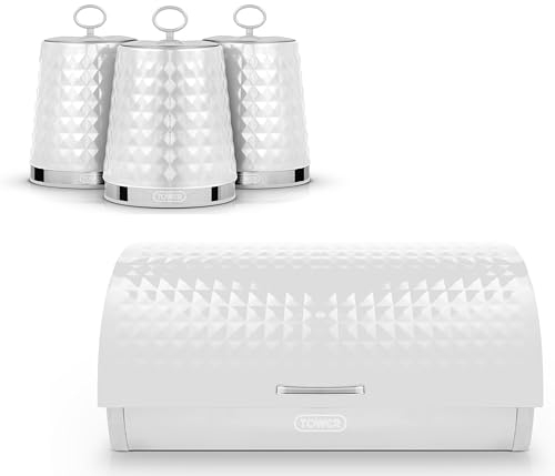 TOWER Solitaire White Roll Top Bread Bin & Tea, Coffee & Sugar Canisters Set. Matching Contemporary Design Stainless Steel Kitchen Storage Set in White with Embossed Diamond Design