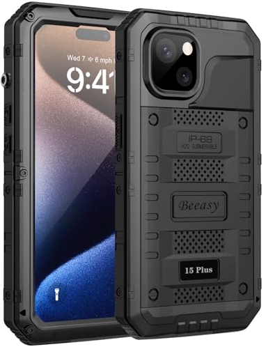 Beeasy for iPhone 15 Plus Case Waterproof Heavy Duty Tough Metal Armour Cover Shockproof Dustproof Built-in Screen Protector, Robust Full Body Protective Military Rugged Case for 15 Plus 6.7inch