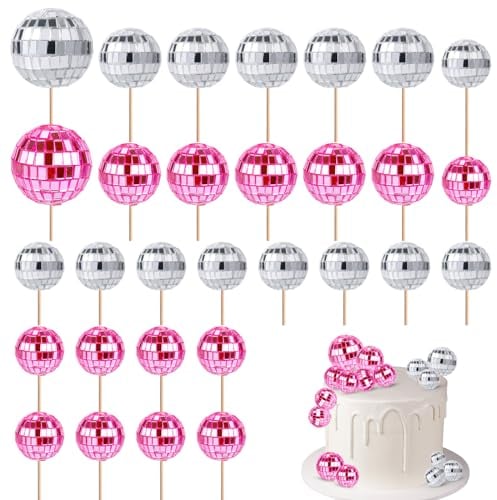 30pcs Disco Ball Cupcake Toppers, 70s Retro Cake Decorations with Stick Shiny Mini Disco Ball Picks Disco Theme Party Supplies for Dessert Birthday Decor Ornament (Pink, Silver)