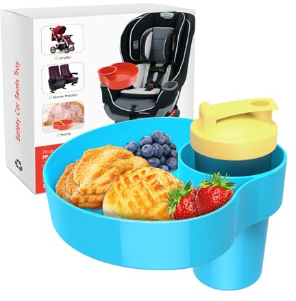 OMYPOTT Vassoio per snack per seggiolino auto, vassoio da viaggio con portabicchieri, essenziale per bambini su strada, blu