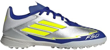 adidas Unisex Kids F50 League Football Boots Turf, Silver Metallic/Solar Yellow/Lucid Blue, 2.5 UK
