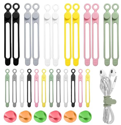 GOLRISEN 30 Stück Silikon Kabelbinder Wiederverschließbar Kabel Organizer Kabelclips Kabelhalter Clips Kabel Fixierung Kabelführung Kabelklemmen Kabelbinder für Schreibtisch Netzkabel USB Ladekabel