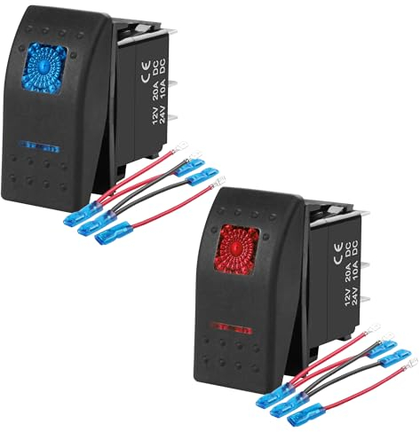 MEIRIYFA Lot de 2 interrupteurs à bascule à LED ON-OFF DC 12 V/20 A 24 V/10 A 5 broches SPST rouge et bleu avec fils de démarrage pour voitures, camions, caravanes, yachts, bateaux, camping-cars, SUV