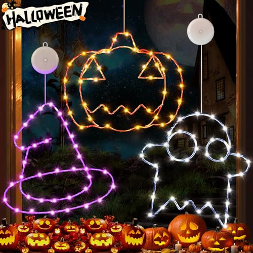TTCOTOKE Luci per finestre di Halloween, 3pcs Catena luminosa decorativa per Halloween, Ventosa per lampada di Halloween, Luci Led Fantasma E Zucche Halloween Luminose Per Finestre Festoni Addobbi