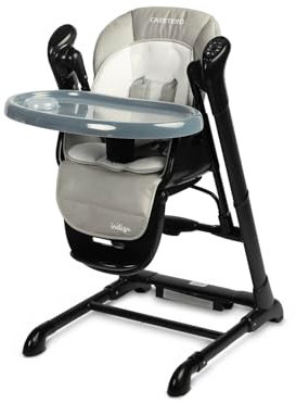 CARETERO - 2in1 Baby Hochstuhl mit Schaukel - mit Spielbogen - Kinderstuhl Indigo ab 6 Monaten - Schaukelstuhl - Kinderhochstuhl - Hochstuhl Baby mit Liegefunktion - Elektrisch - Klappbar - Grau