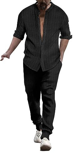 Zweiteiler Herren Leinenanzug Sommer Freizeitanzug Einfarbig 2-teilig Langarm Button-Up Stehkragen Hemd und Shorts Beach Strand Shirt Kurze Hose Set Anzug