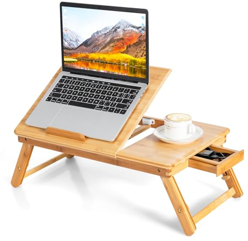 LIFEZEAL Table de Lit Pliable en Bambou, Plateau Inclinable, Hauteur Réglable, Support Ordinateur Portable Avec Trous de Refroidissement, Tiroir, 53x33x20-26,5 cm, Naturel