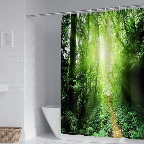 Whoiy Dusch Vorhang 300 cm Breit Antischimmel, Badvorhang Polyester Textil Stoff Wald Muster Waschbar Bathroom Curtains Naturlandschaft Grün für Badewanne mit Duschvorhangringe 300 x 200 cm