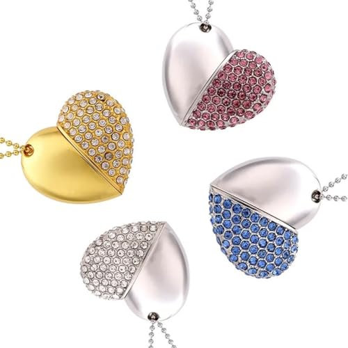 Diskiaplus Jewellery Heart USB Memory Stick 64GB USB 2.0 Flash Pen Drive 4-Piece Set, Gold, Pink, Silver, Blue