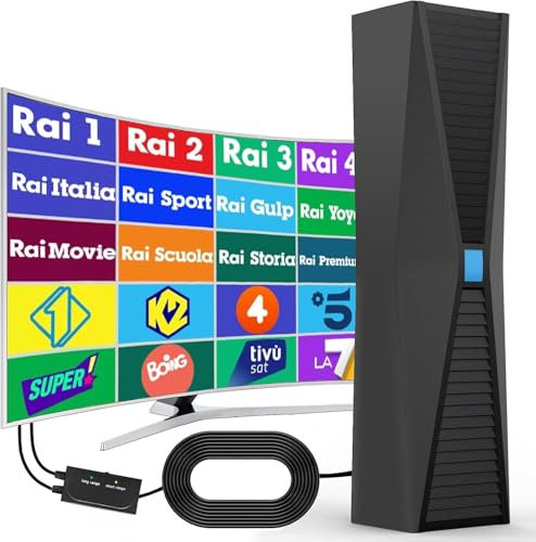 Antenna TV Interna Digitale Terrestre - Antenna Portatile per Ricezione DVB-T2, Compatibile 4K/1080P, Copertura 400km-Segnale, con 5m Cavo Coassiale - Blu