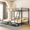 Letto a Castello Triplo con Cassetti e Scaletta, Trasformabile in un Letto Matrimoniale 140 x 200 e Due letti Singoli 90 x 200, letti in ferro, Struttura in Metallo per Bambini e Adolescenti, Nero