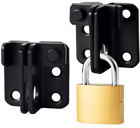 2 Pack Cerrojos para Puertas de Acero Inoxidable, Pestillo de Puerta Interior con Agujero para Candado, Instalación Sin Taladro, Grosor Reforzado, 12x8x4 cm, Negro - Para Puertas Interiores/Exteriores