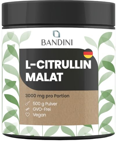 Bandini® Hochreines L-Citrullin-Malat | 3 g Citrullin pro Portion | | Hochdosiert | Pre-Workout | Pflanzlich fermentiertes Citrullin | 100 % vegane Aminosäure (500 g (1er-Packung))