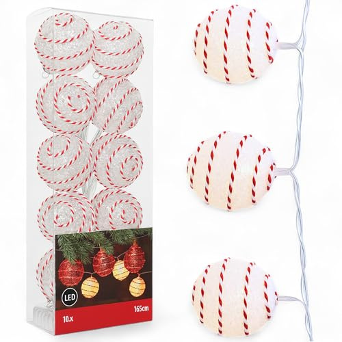 MIJOMA LED Lichterkette mit 10 Kugeln – batteriebetriebene Weihnachtsbeleuchtung für innen – Ø 5 cm Weihnachtskugeln mit Glitzer oder Baumwollspirale – festliche Dekoration (Weiß Kordel)