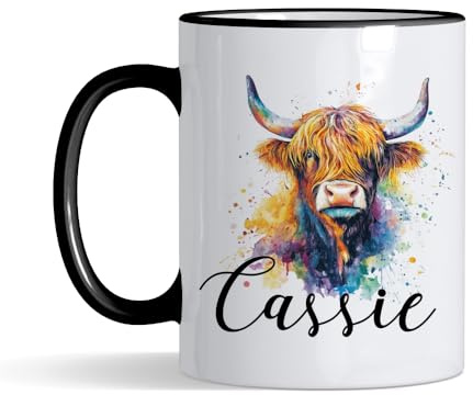 Personalised Colorful Highland Cow Custom Name Gift for Kids,Coloured Rim Mug, Coffee, Tea Mug. (Black Rim)