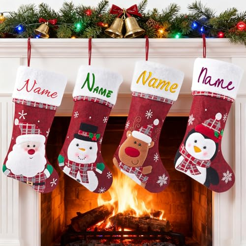 XNBTIM 5 Stück Personalisierter Stickerei Weihnachtsstrumpf mit Namen – 48 cm Große Weihnachtssocke zum Aufhängen & Befüllen – Individuelle Weihnachtsdeko für Kamin & Familie